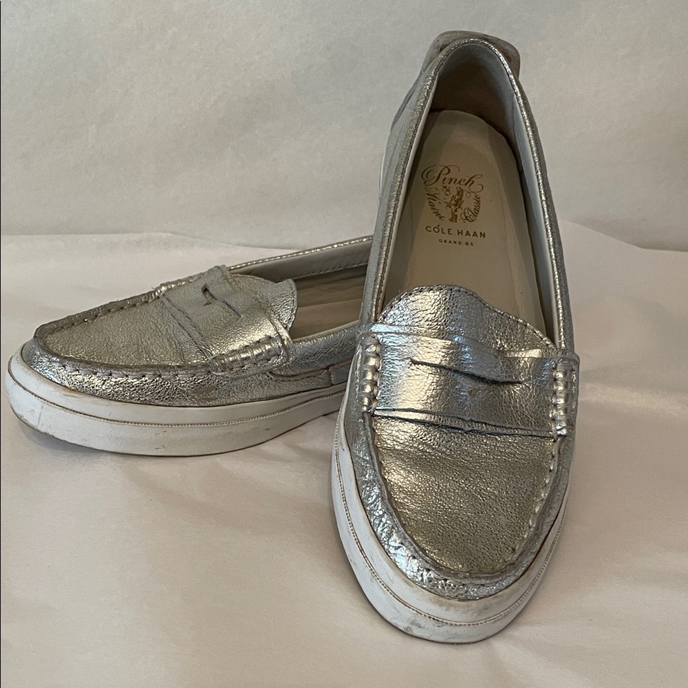 Cole‎ Haan Women's Shimmering leather penny loafers Silver Flats